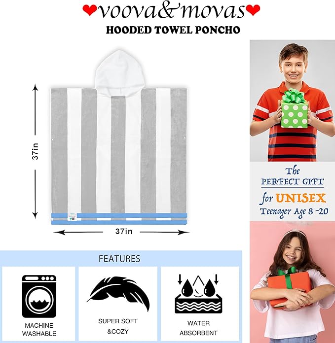 VOOVA & MOVAS Big Kids Hooded Bath Towels - Girl | Teens Pool Towel Poncho Towel Robe (8-16Years), Large Thick and Absorbent Cotton - Versatile for Pool, Swim, and Bath, Grey and White Wide Cabana