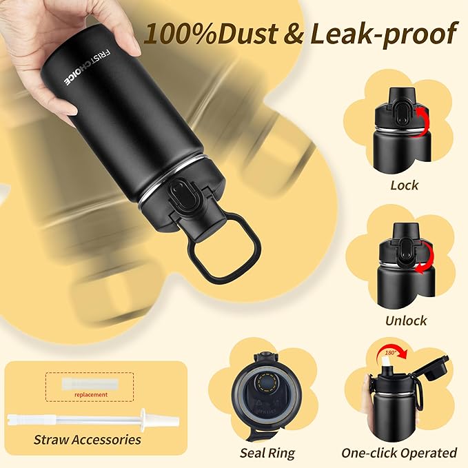 Kids Insulated Water Bottle with Straw,14oz Stainless Steel Water Bottle,BPA-free and Leak-proof,Double Wall Vacuum Water Flask for School,Gifts for Boys and Girls(14oz,Black)