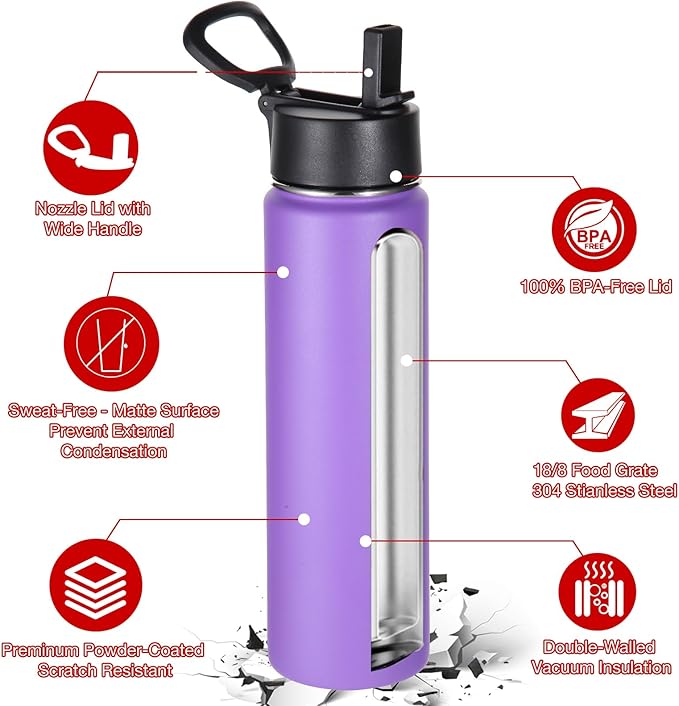 Volhoply 24oz Insulated Water Bottle With Straw Bulk 6 Pack,Metal Wide Mouth Water Bottles With Handle Lid Keep Cold,Reusable Double Wall Thermos,Powder Coated Sport Bottle For Holder(Purple,6 Count)