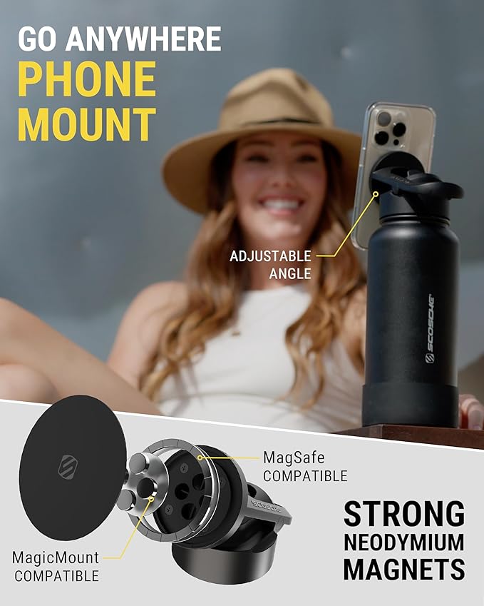 Scosche MFMS22 MagicMount Flask 22oz Stainless Steel Hot & Cold Insulated Sport Water Bottle w/Magnetic Mount Tripod Phone Stand Compatible w/MagSafe iPhone for Cup Holder/Gym/Men/Women/Travel/White