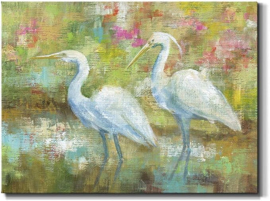Renditions Gallery Canvas Nature Wall Art Modern Paintings Decorations Elegant White Egrets Abstract Multicolored Bontanical Wall Hanging Artwork for Bedroom Office Kitchen - 32"x48" LT33