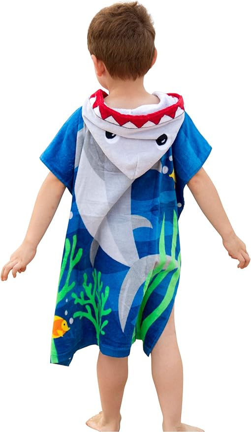Soft Cotton Catroon Shark Towel Poncho for Kids Bath Beach Pool Swim with Drawstring Bag