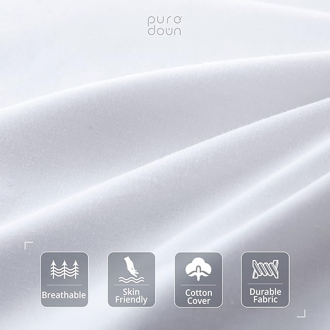 puredown® Goose Feather Down Blend Soft and Flat Pillow for Sleeping Cotton Cover, Queen Size, Set of 2