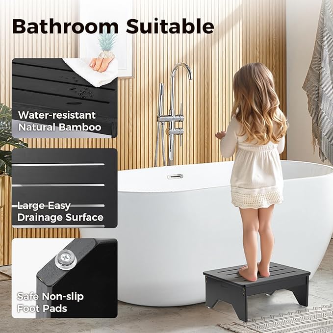 StrongTek Bamboo Step Stool for Adults, Bedside Step for High Beds, 300 Lbs Capacity, Non-Slip Bed Foot Stool with Rounded Edges, Small One Step Stool for Bathroom, Bedroom, Garden, Kitchen (Black)