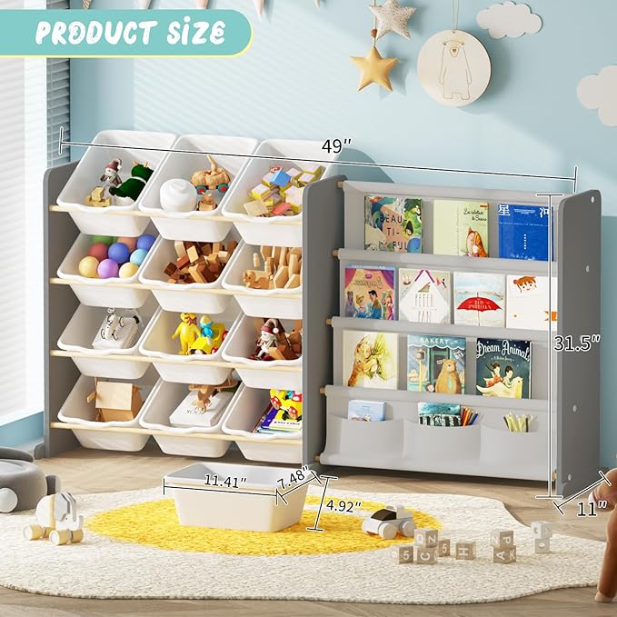 Kids Toy Storage Organizer - Toy Organizer with Kids Bookshelf, Toy Storage with 12 Toy White Bins and 4 Book Shelves, Toy Organizers and Storage for Playroom, Nursery, Kids Room, Grey