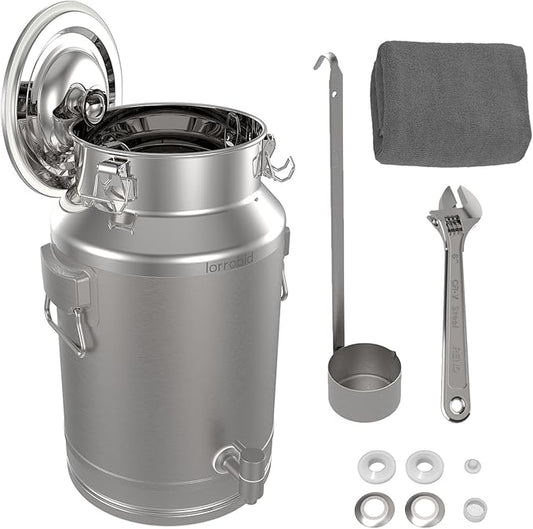 Milk Can, 304 Stainless Steel 28 Liter Milk Can, Milk Bucket Wine Pail Bucket with Spigot, 6.6 Gallon Milk Can with Sealed Lid and Stainless Steel Ladle Sealed Lid Heavy Duty for Milk Can.