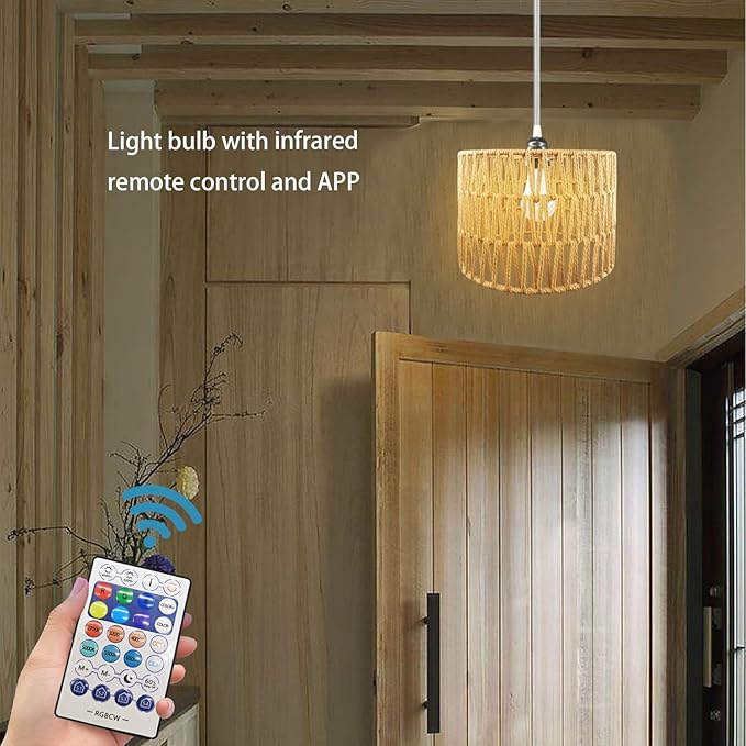 Hanging Lamp Plug in Rattan Hanging Lights with Plug in Cord, Woven Pendant Light with Smart RGB Bulb and Remote Control for Bedroom Living Room Farmhouse Kitchen (Rattan, Barrel Shade)