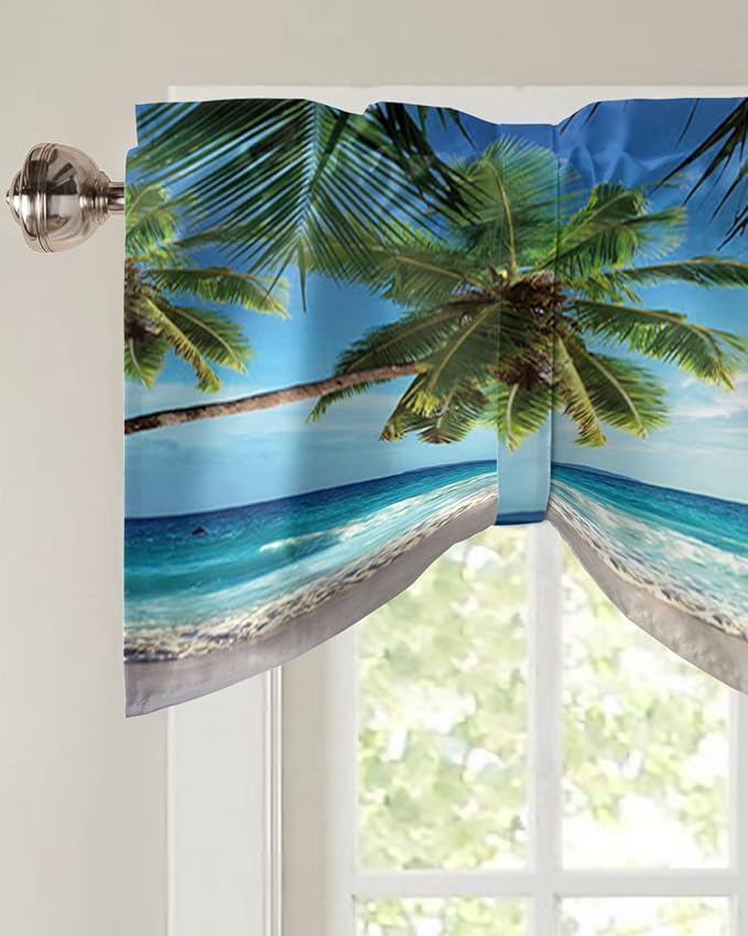 Palms Tree Ocean Blackout Tie Up Valance Curtains for Kitchen Windows Tropical Sea Window Toppers Balloon Shades for Living Room/Bathroom/Bedroom,1 Panel,42" X 12" Beach Theme
