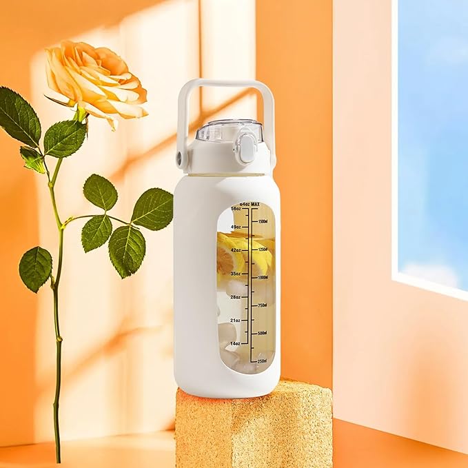 64 oz Glass Water Bottle with Straw and 2 Lids, Half Gallon Water Bottle with Sleeve, Large Insulated 2 Liter Glass Water Jug Time Marker with Handle - White