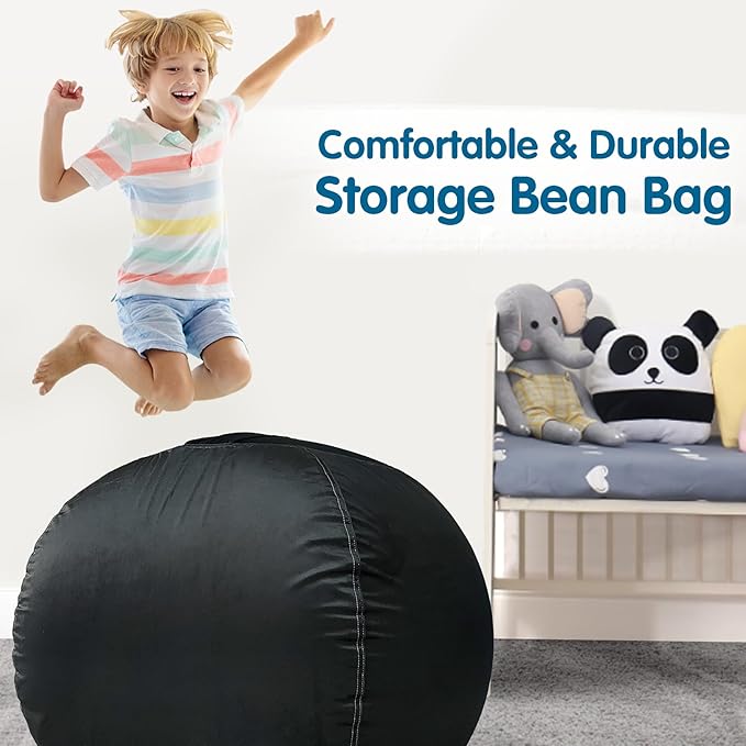 Lukeight Stuffed Animal Storage Bean Bag Chair Cover for Kids, Zipper Beanbag Chair Cover for Organizing Toddler and Kids' Rooms Plush Toys (Black, X-Large)