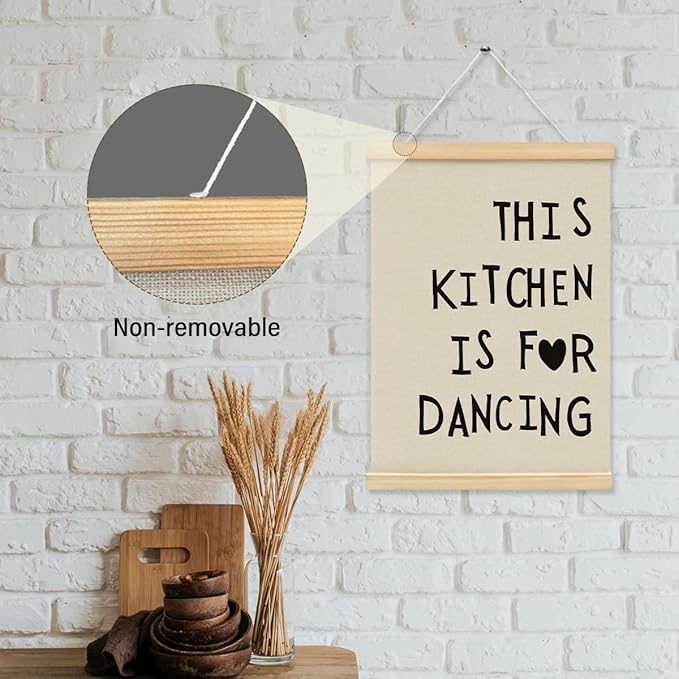 BIWSHA Cute Kitchen Canvas Poster Framed Hanger 12x16 Inch, Funny Black Kitchen Quotes Decor This Kitchen Is For Dancing Poster Framed with Wood Hanger,Kitchen Dining Room Decor