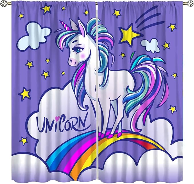 Kids Unicorn Curtains Purple Cartoon Rainbow Cartoon Room Blackout Curtains Boys Girls Baby Room Decor Curtains Living Room Decor 63x72 Inch 2 Panels