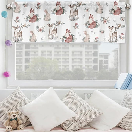 Baby Woodland Animals Leaves Mushroom Valances 54''x18'' Kids Toddler Nursery Bedroom Decor Drapes Deer Rabbit Fox Rod Pocket Short Curtains for Living Room Bathroom Kitchen Cafe 1 Pack