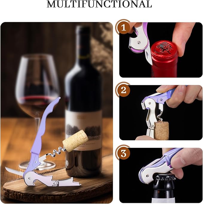 HYZ 2-Pack Wine Opener Waiter Corkscrew, Professional Wine Key for Servers, Bartender with Foil Cutter, Manual Wine Bottle Opener Double Hinged (Lavender)