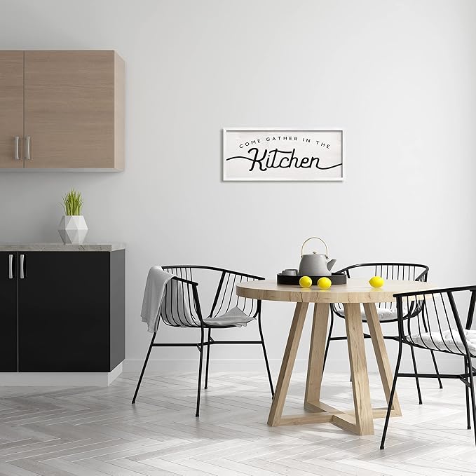 Stupell Industries Come Gather in The Kitchen Sign Family Charm, Designed by Daphne Polselli White Framed Wall Art, 10 x 24