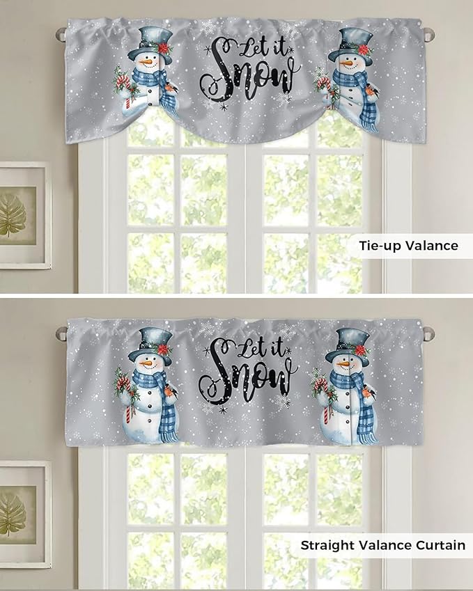 Snowman Christmas Blackout Tie Up Valance Curtains for Kitchen Windows Let It Snow Winter Holiday Window Toppers Balloon Shades for Living Room/Bathroom/Bedroom,1 Panel, 42" X 12", Grey White