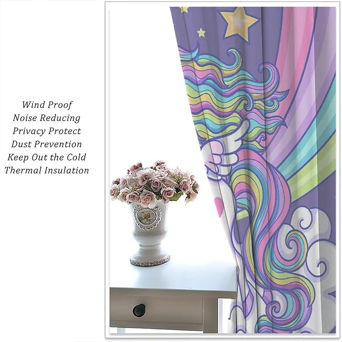 Kids Unicorn Curtains Purple Cartoon Rainbow Cartoon Room Blackout Curtains Boys Girls Baby Room Decor Curtains Living Room Decor 55x63 Inch 2 Panels