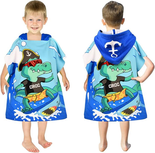 HUANLANG Kids Hooded Beach Towel for Boys Girls,Bath Pool Beach Poncho Towels Super Soft & Absorbent Cotton Towel Childrens Crocodile Beach Towels for Toddler 0-7 Years Old