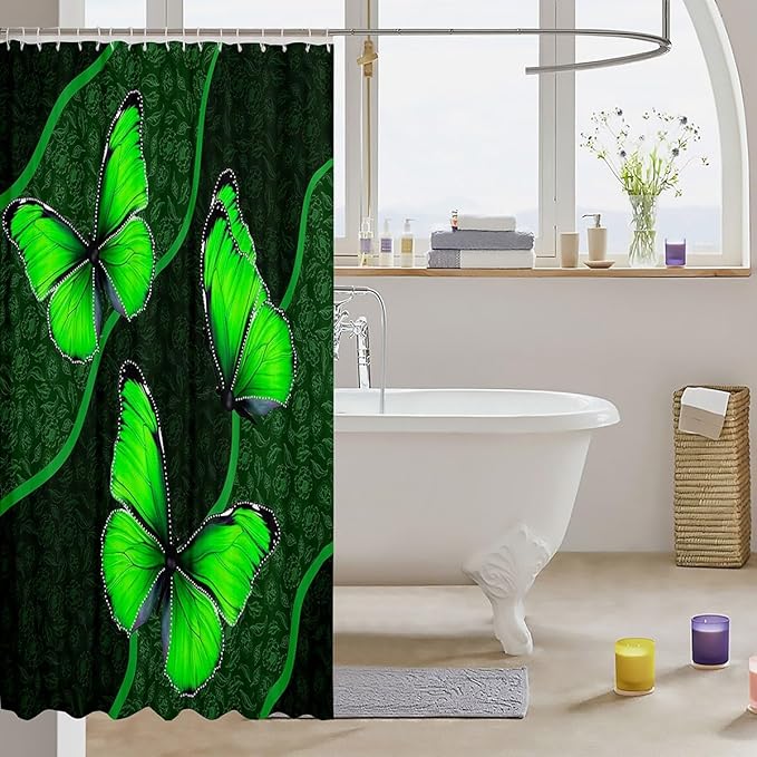 Feelyou Butterfly Shower Curtain 72"x72" Kids Butterflies Botanical Floral Print Bathroom Shower Curtain Set for Boys Girls Teens Geometric Stripes Bath Curtain Green Bathroom Accessories