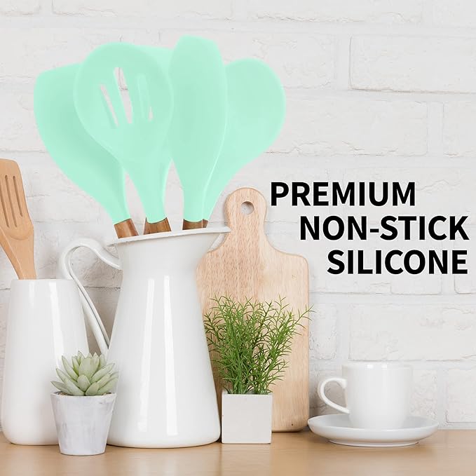 Zulay Non-Stick Silicone Cooking Utensils Set with Authentic Acacia Wood Handles - 5 Piece Silicone Kitchen Utensils Set (Aqua)