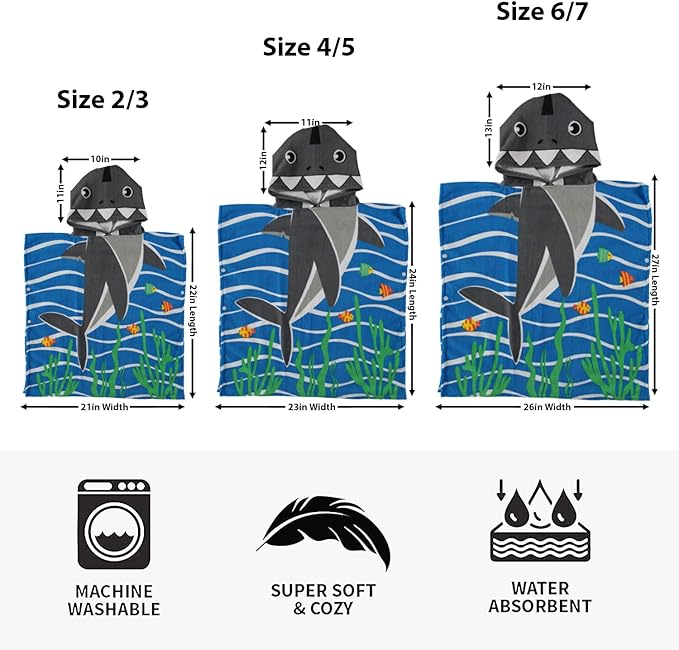 Boys and Girls Absorbent Hooded Beach Towel Pullover Character Microfiber Bath Towel with Side Snaps (Shark, 6-7)
