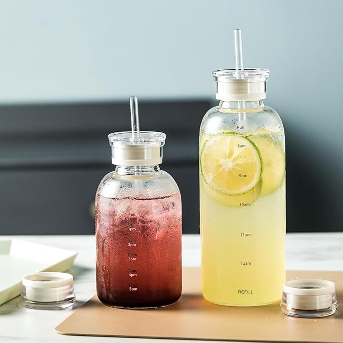 Glass water bottle With Time Marker -15oz with 2 caps and straw,Reusable Glass Drinking Bottles,Suitable For Drinks, Juices, Sodas, Coke, As Gifts Etc (15oz)