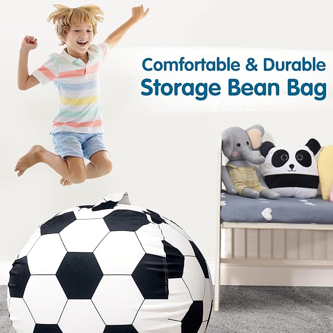 Lukeight Stuffed Animal Storage Bean Bag Chair Cover for Kids, Soccer Zipper Beanbag Chair Cover for Organizing Toddler and Kids' Rooms Plush Toys (Soccer Velvet, Large)