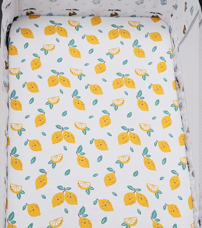 Bassinet Sheets (33" x 19") Compatible with Mika Micky, Baby Delight, Dream On Me, Amke and Other Rectangle Mattress, 2 Pack Fitted Sheets, 100% Jersey Knit Cotton 190GSM, Lemon and Strawberry