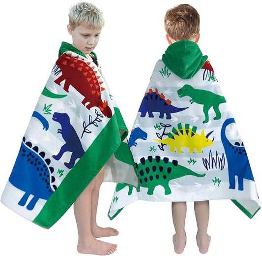 Kids Bath Towel Hooded - Cotton Kids Beach Towel 30"x50" for Ages 3 to 10, Toddler Towels with Hood Snaps, Soft Terry Poncho Towel as Pool Swim Cover Ups for Girls Boys (Dino Green)