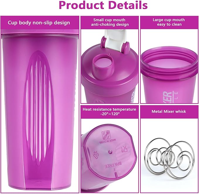 Shaker Bottle, 600ml Classical Protein Shaker Cup with Mixing Ball for Smooth blending, Leak-Proof GYM Workout Water Bottles for protein& Smoothie Shake,Bpa Free (20oz / Purple)