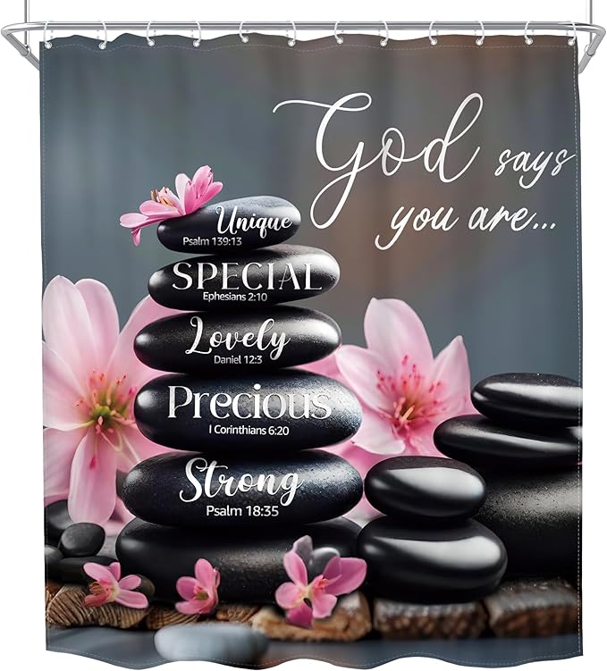 MESHELLY Zen Black Pink Shower Curtain 60Wx72H Scripture Flower Spa Relaxing Meditation Massage Bathroom Curtain Quotes Stone Bible Verse Bath Curtain Fabric Bathroom Accessories Decor with 12 Hooks