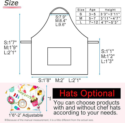 Kids Apron Chef Hat Set for Boys and Girls Adjustable Neck Strap Hook and Loop Fastener Design Waistband for Baking