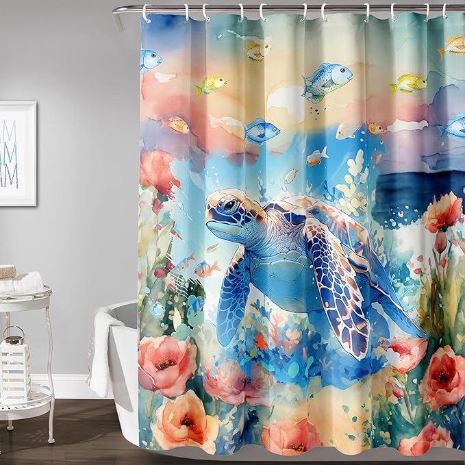 AILONEN Sea Turtle Shower Curtain,Watercolor Sea Turtle Bath Curtain for Girls Girls,Ocean Animal Fish Tie Dye Flower Shower Curtain for Bathroom Decor Waterproof with 12 Plastic Hooks, 60" W*72" H
