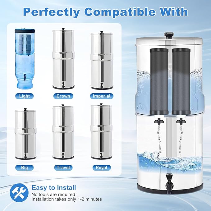 Water Filter Replacement for Berkey® BB9-2® Black Purification Elements, Activated Carbon Filters Compatible with Berkey Gravity Water Filtration System, Pack of 2