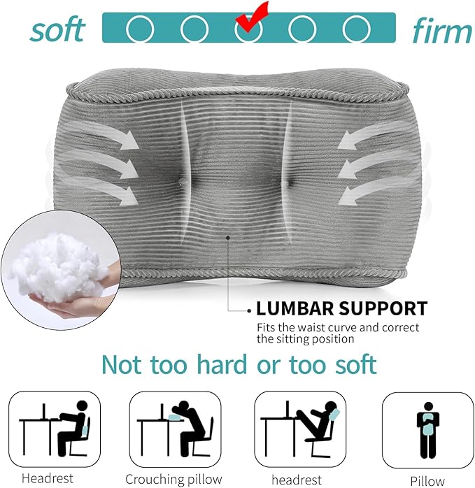 Lumbar Support Pillow for Office Chairs, Back Support Pillow for Lower Back Pain Relief, Soft & Good Support Corduroy Desk Lumbar Cushion, 17.5"x10"x5.5", Medium (Grey)