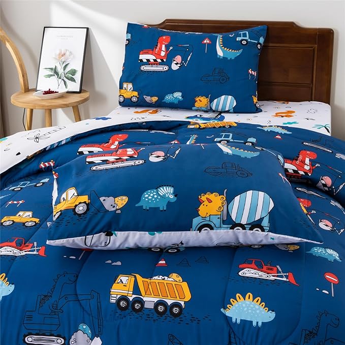 Meeting Story Construction Truck Car Twin Comforter Set for Boys,5 Pieces Dinosaur Bedding Set with Sheets and Pillowcases,Excavator Lightweight Microfiber Bedding Sets(Blue,Twin5pcs)