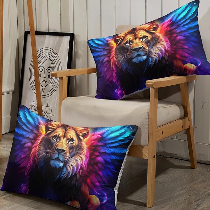 AILONEN Lion Fitted Sheet Set Queen Size, 3 Pieces Printed Evening Starry Wings Lion Bed Sheet Set,Colorful Tie Dye Rainbow Fitted Sheet with 2 Pillowcases