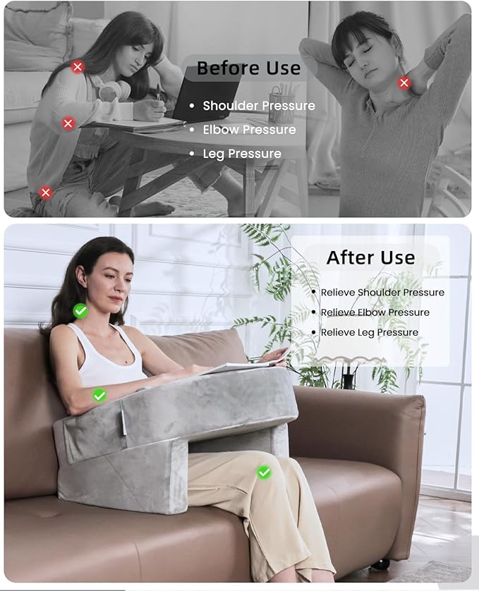 Weighted Idea Reading Pillow for Gaming, Extra Large Arm Rest Pillow for Adult,Lap Desk Pillow Gaming Pillow with 2 Side Pockets for Gaming, Reading, Working Sitting in Bed Floor Sofa (Grey)