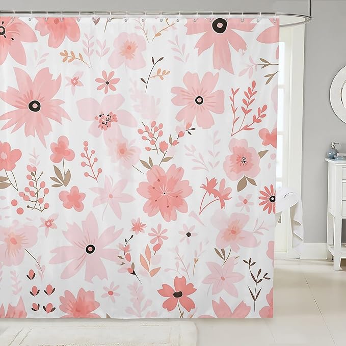 Feelyou Pink Flower Fabric Shower Curtain Floral Flower Shower Curtain for Boys Girls Flower Botanical Bathroom Waterproof Accessories with 12 Hooks Nature Plants Curtains,72x84 Inches