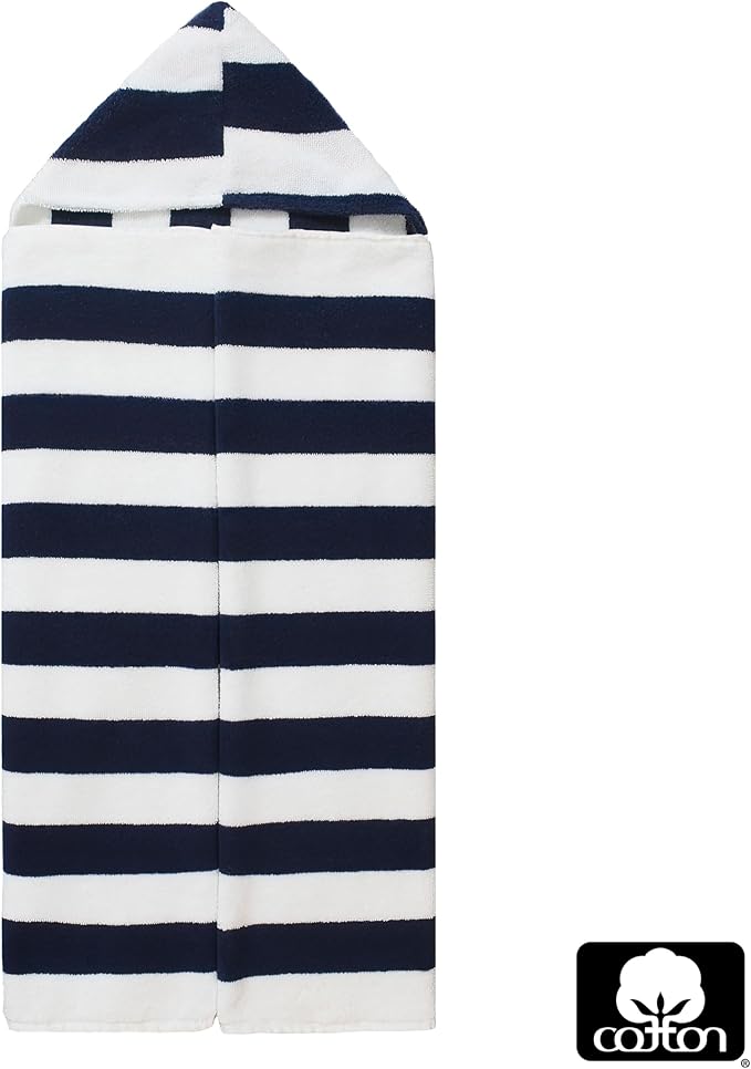 Hooded Bath Towel Wrap - 100% Cotton Terry Large Oversized Hooded Kids Towel - Toddler Shower Pool Beach Towel - Soft Plush Absorbent Quick Dry Easy Care Gift - 30x60- Cabana Stripe Blue