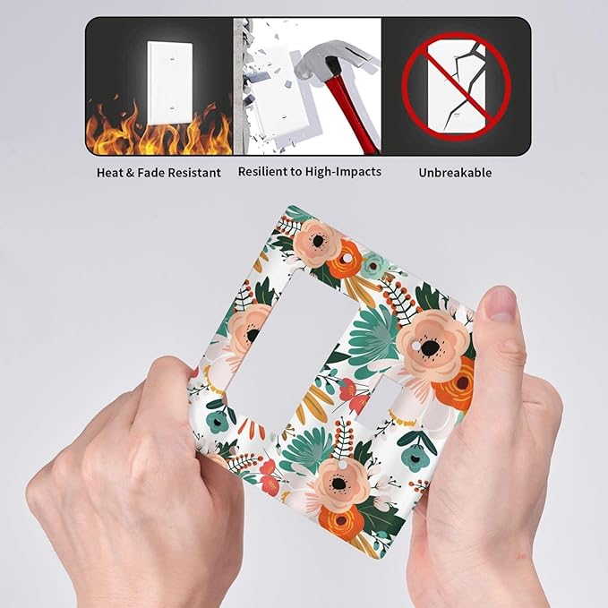 Rustic Floral Boho Colorful Flower 2 Gang Single Toggle Rocker Combination Light Switch Covers Wall Plate Cover Electrical Faceplate Decorative Switchplate for Farmhouse Bathroom Bedroom Decor