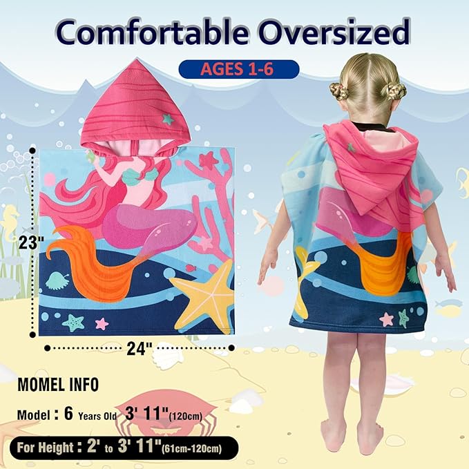 Hooded Kids Beach Towels - Toddler Bath Towel Girls Boys Swim Cover-ups for Ages 1 to 6 Kids Pool Towels Quick Dry Lightweight Soft Microfiber Poncho Towel 24x24 (Mermaid Starfish), Large