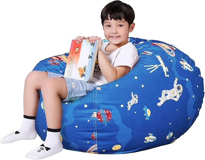 Lukeight Stuffed Animal Storage Bean Bag Chair Cover for Kids, Zipper Beanbag Chair Cover for Organizing Toddler and Kids' Rooms Plush Toys (Outer Space Velvet, Large)