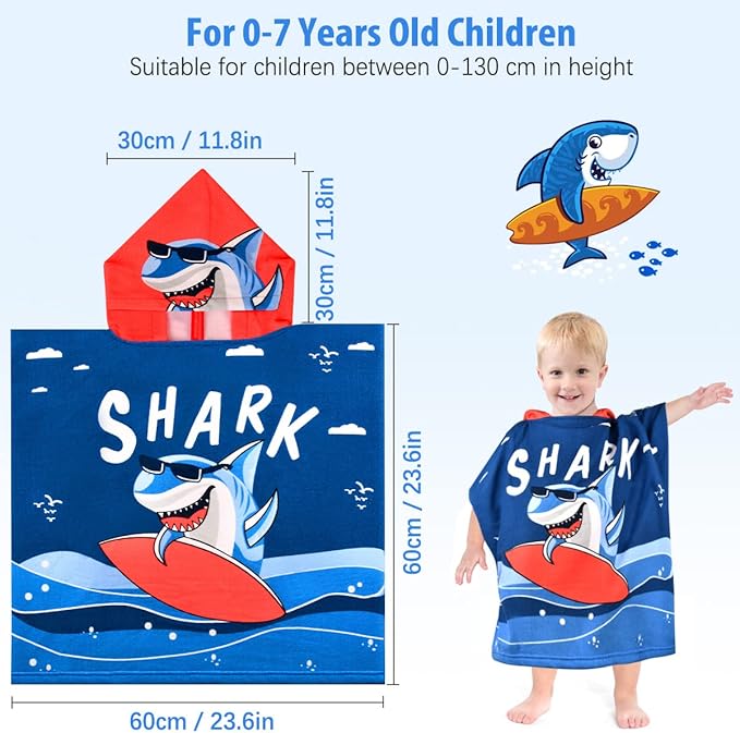 HUANLANG Kids Hooded Beach Towel for Boys Girls,Bath Pool Beach Poncho Towels Super Soft & Absorbent Cotton Towel Childrens Shark Beach Towels for Toddler 2-6 Years Old
