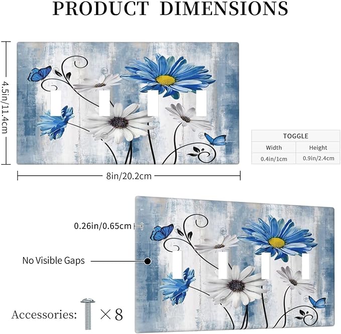 Rustic Teal Blue Daisy Floral Farmhouse Quad Toggle Light Switch Covers 4 Gang Wall Plate Decorative Switchplate Electrical Faceplate for Country Bathroom Bedroom Kitchen Decor