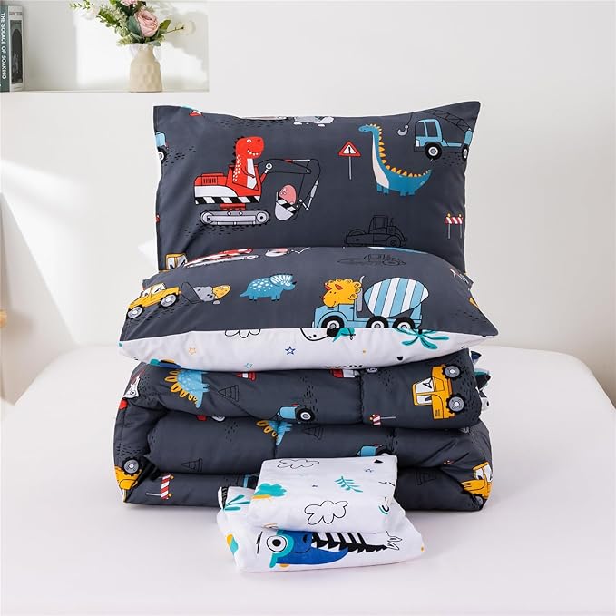 Meeting Story Construction Truck Car Full Comforter Set for Boys,5 Pieces Dinosaur Bedding Set with Sheets and Pillowcases,Excavator Lightweight Microfiber Bedding Sets(Grey,Full5pcs)