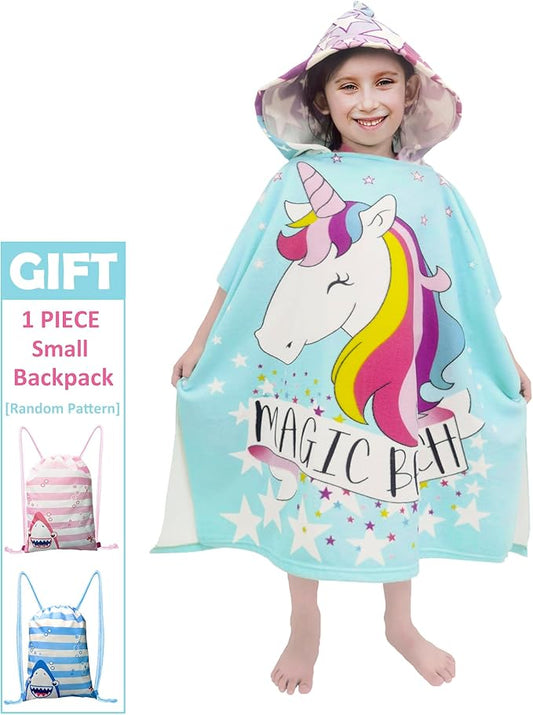 Hooded Kids Beach Towels - Toddler Bath Towel Girls Boys Swim Cover-ups for Ages 4 to 10 Kids Pool Towels Quick Dry Lightweight Soft Microfiber Poncho 30x30 with Bag (Aqua Unicorn)