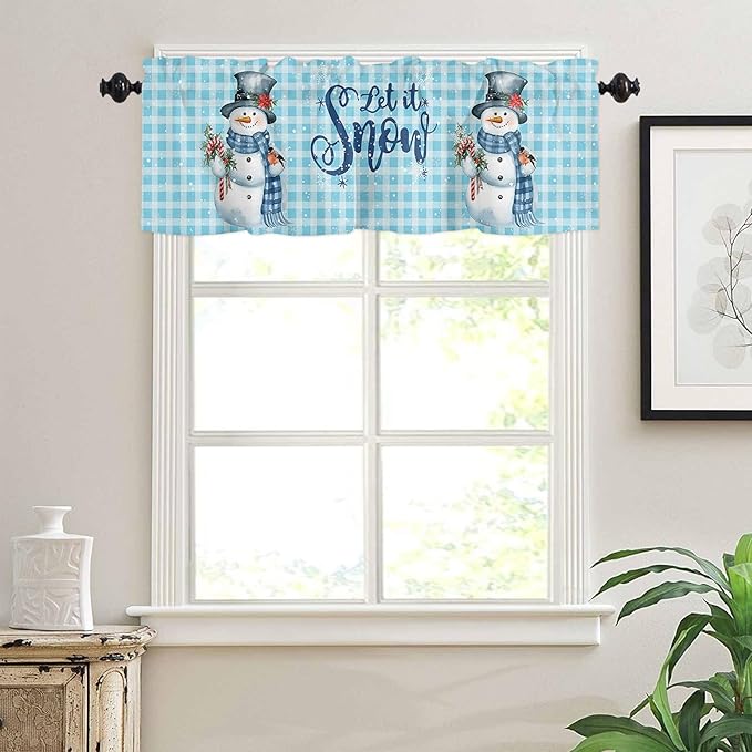 Snowman Christmas Valance Curtains for Kitchen Windows Let It Snow Winter Holiday Rod Pocket Window Treatment Toppers for Kitchen/Living Room/Bedroom/Bathroom, 60" X 18", Blue White Buffalo Plaid