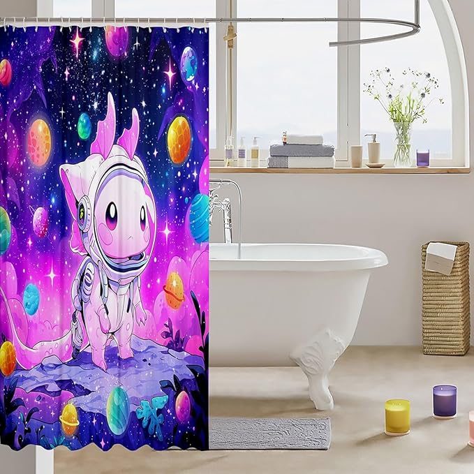 Cartoon Axolotl Kids Shower Curtains,Starry Sky Galaxy Outer Space Planet Bathroom Curtains for Girls Boys,Cute Salamander Astronaut Purple Chic Waterproof Curtains,12 Hooks Suits,72"W x 84"L
