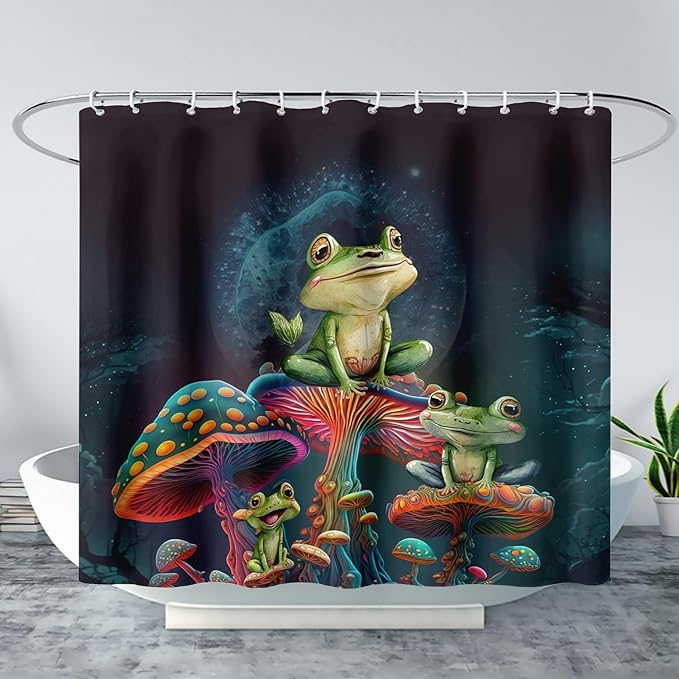 AILONEN Frog Mushroom Shower Curtain Cartoon Animal Wildlife Frog Mystic Black Sky Red Mushroom Minimalist Modern Art Shower Curtain Bathroom Decor Curtains with 12 Hooks,Green 72" W*84" H